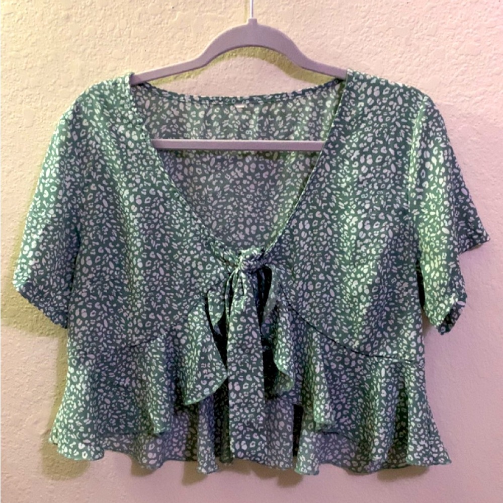 SHEIN frilly tie shirt seafoam green & white